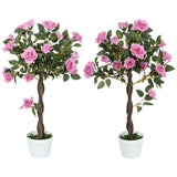 Outsunny Set of 2 Artificial Plants White Rose Floral in Pot, Fake Plants for Home Indoor Outdoor Decor, 90cm, Purple