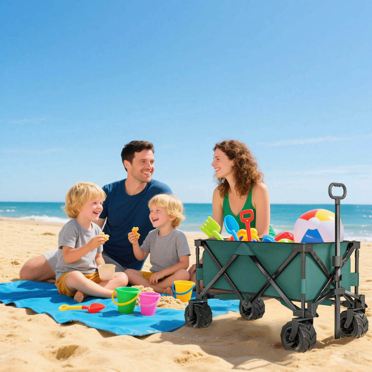 Outsunny 140L Festival Trolley on Wheels, Folding Camping Trolley Cart with Telescopic Handle, Big Wheels for Outdoor Garden Beach Fishing, Green