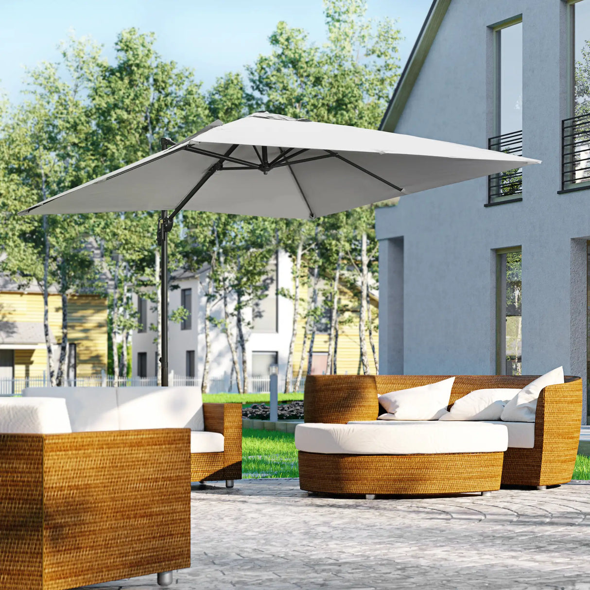 Outsunny 2.7 x 2.7 m Cantilever Parasol, Square Overhanging Umbrella with Cross Base, Crank Handle, Tilt, 360 Rotation and Aluminium Frame, Grey