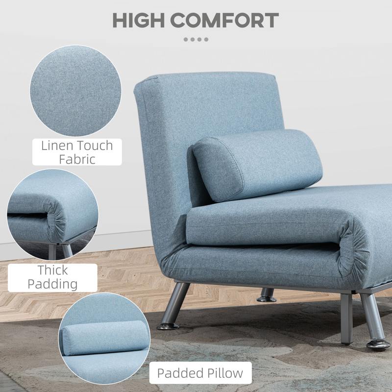 HOMCOM Linen Single Chair Bed, 3-in-1 Convertible Sleeper Chair with Adjustable Backrest, Pillow, for Living Room, Bedroom, Sky Blue