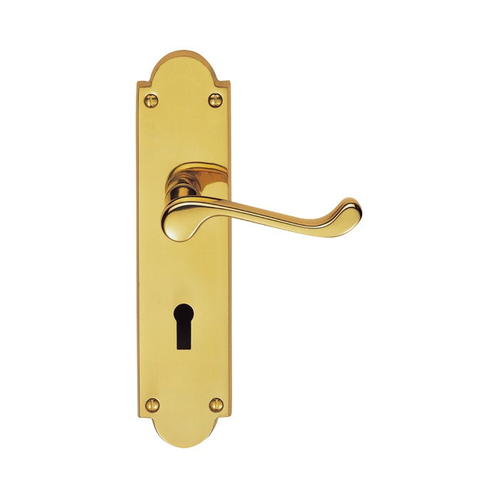 VICTORIAN SCROLL LEVER ON SHAPED BACKPLATE - LOCK 57MM C/C - POLISHED BRASS - 205 x 49mm - PAIR