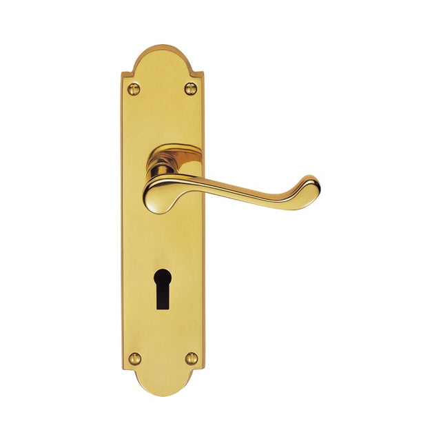 VICTORIAN SCROLL LEVER ON SHAPED BACKPLATE - LOCK 57MM C/C - POLISHED BRASS - 205 x 49mm - PAIR