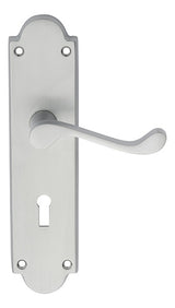 VICTORIAN SCROLL LEVER ON SHAPED BACKPLATE - LOCK 57MM C/C - SATIN CHROME - 205 x 49mm - PAIR