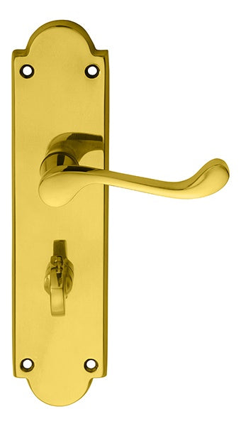 VICTORIAN SCROLL LEVER ON SHAPED BACKPLATE - BATHROOM 57MM C/C - POLISHED BRASS - 205 x 49mm - PAIR