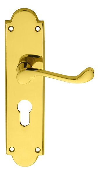 VICTORIAN SCROLL LEVER ON SHAPED BACKPLATE - LOCK EURO PROFILE 47.5MM C/C - POLISHED BRASS - 205 x 49mm - PAIR