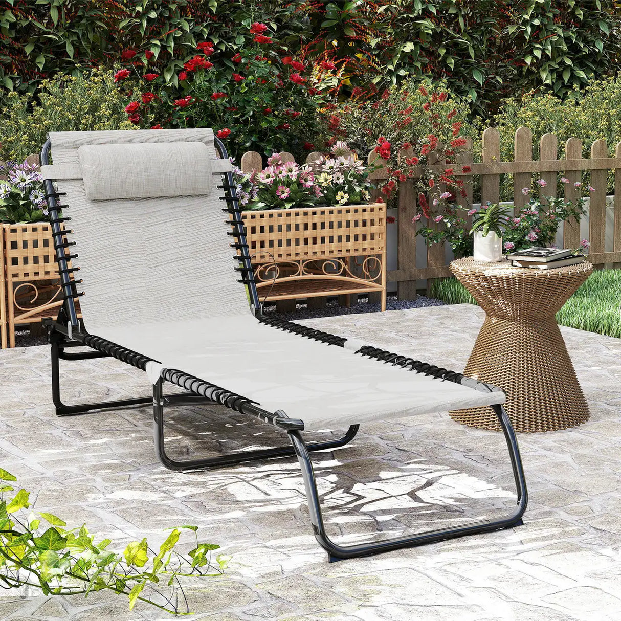 Outsunny Foldable Sun Lounger, Outdoor 4 Level Adjustable Backrest Reclining Chaise Chair, Steel Frame Recliner Chair for Camping, Hiking, Cream White