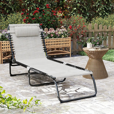 Outsunny Foldable Sun Lounger, Outdoor 4 Level Adjustable Backrest Reclining Chaise Chair, Steel Frame Recliner Chair for Camping, Hiking, Cream White