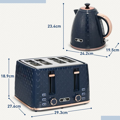 HOMCOM Kettle and Toaster Set, 1.7L 3000W Fast Boil Jug Kettle with Auto Shut Off, 4 Slice Toaster with 7 Level Browning Controls & Crumb Tray, Blue