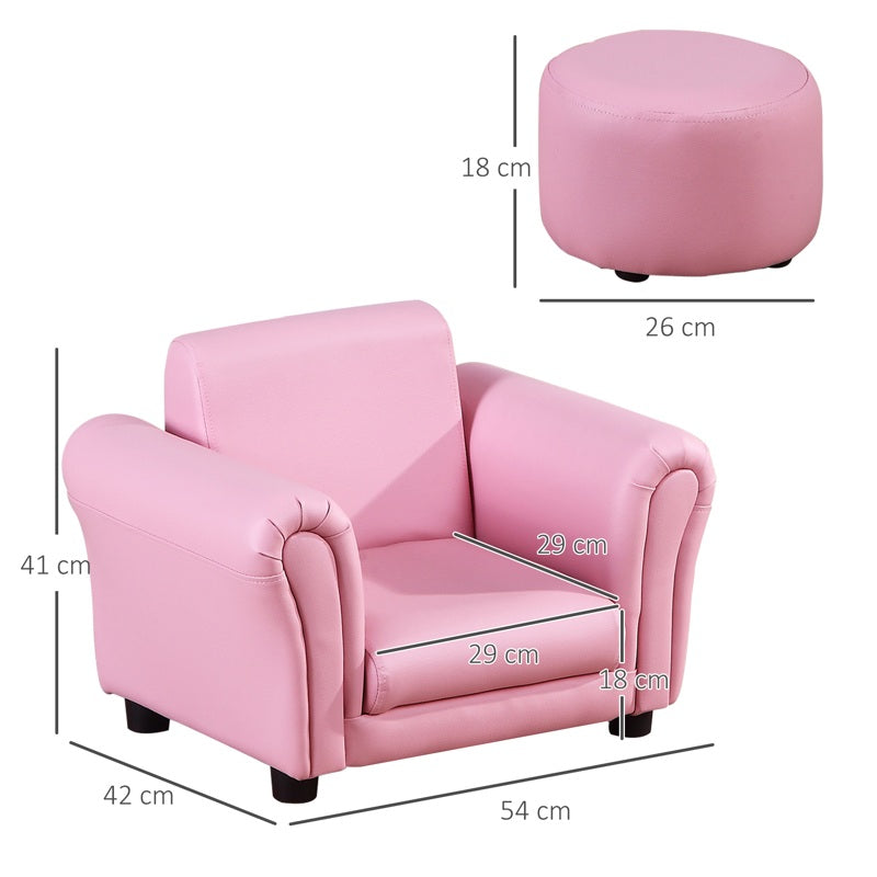 HOMCOM Toddler Chair Single Seater Kids Sofa Set, 54 x 42 x 41cm, Kids Sofa with Stool, Pink