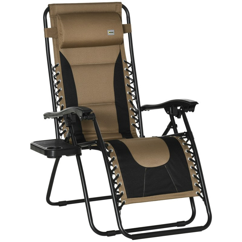 Outsunny Foldable Reclining Garden Chair, Zero Gravity Chair with Padded Seat, Cup Holder, Adjustable Backrest, Pillow for Outdoor, Patio, Deck, Coffee