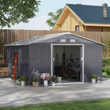 Outsunny 13 x 11ft Metal Garden Shed, Outdoor Storage Tool House with Ventilation Slots, Foundation Kit and Lockable Double Doors, Grey