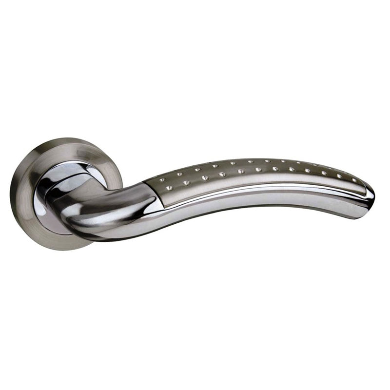 Mediterranean Monaco Lever Door Handle on Round Rose - Satin Nickel/Polished Chrome - Set