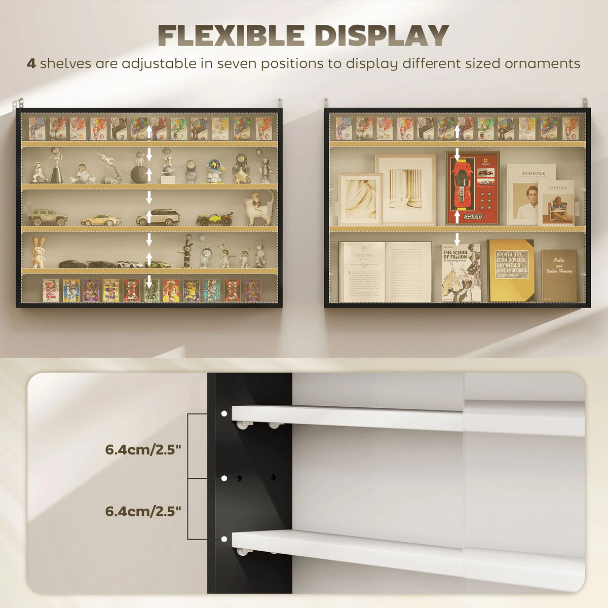 HOMCOM 5-Tier Wall Display Cabinet,  Wall Mounted Display Case w/ 4 Adjustable Shelves, Glass Doors, 60x80cm, Black and White