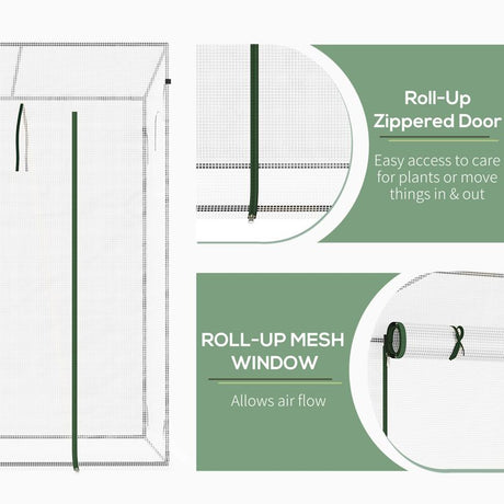 Outsunny Small Walk-in Garden Greenhouse with Steel Frame, Large Roll-up Door and Windows, 200Lx76Wx168Hcm, White