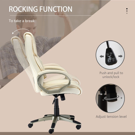 HOMCOM Home Office Chair High Back Computer Desk Chair with Faux Leather Adjustable Height Rocking Function Cream White