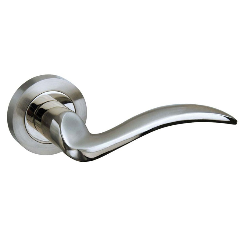 Mediterranean Valencia Lever Door Handle on Round Rose - Satin Nickel/Polished Nickel - Set