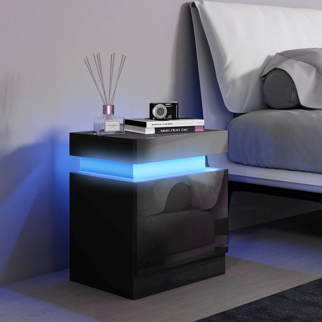 HOMCOM Black Bedside Table with LED Light, High Gloss Front Nightstand with 2 Drawers, for Living Room, Bedroom