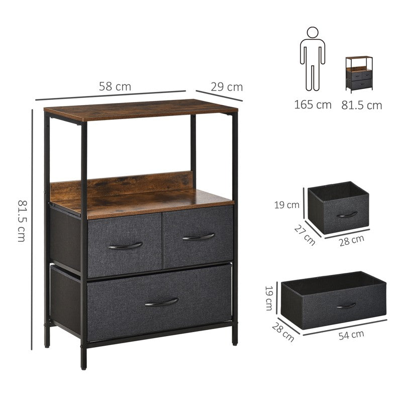 HOMCOM 3 Drawer Storage Chest Unit Home Cabinet w/ Shelves Home Living Room Bedroom Entryway Living Furniture, Black