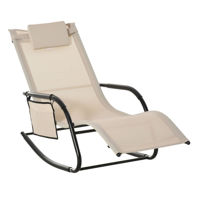 Outsunny Outdoor Garden Rocking Chair, Patio Sun Lounger Rocker Chair with Breathable Mesh Fabric, Removable Headrest Pillow, Armrest, Side Storage Bag, Cream White