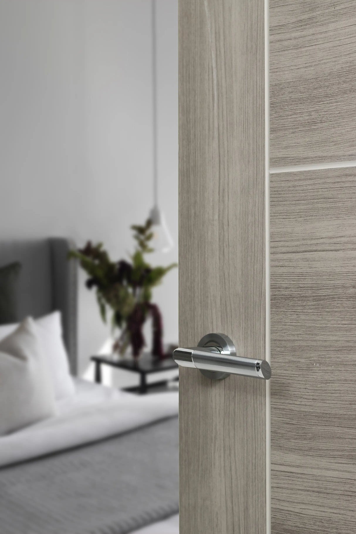 Mediterranean Santorini Lever Door Handle on Round Rose - Satin Chrome/Polished Chrome - Set