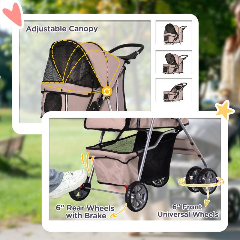 PawHut Pet Stroller for Small Miniature Dogs Cats Foldable Travel Carriage with Wheels Zipper Entry Cup Holder Storage Basket Brown