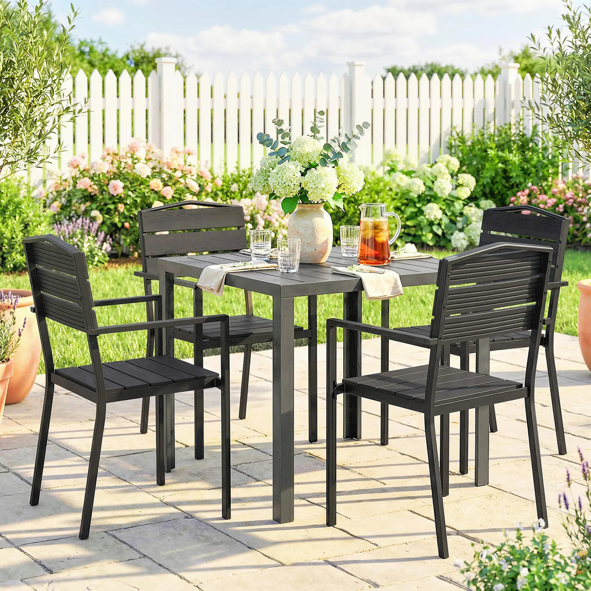 Outsunny Stackable Garden Chairs Set of 4, Garden Dining Chairs with Slatted HDPE Seat Back, Armrests, Metal Frame, Black