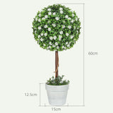 HOMCOM Set of 2 Decorative Artificial Plants, Ball Topiary Tree with Rose Flower in Pot, Fake Plants for Home Indoor Outdoor Decor, 60cm, White