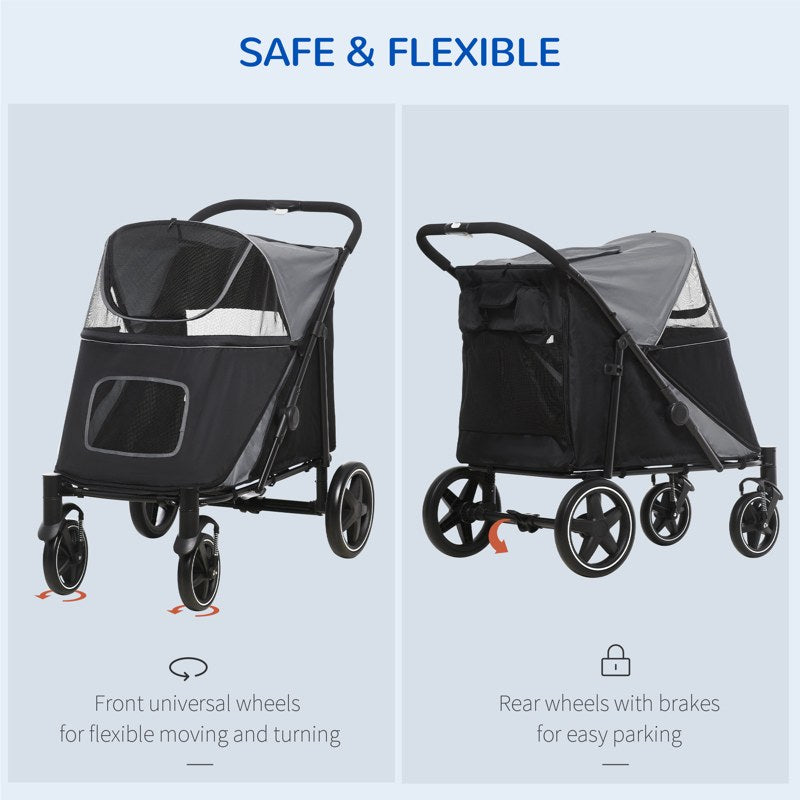 PawHut 4 Wheel Pet Stroller with Rain Cover for Medium and Large Dogs - Black