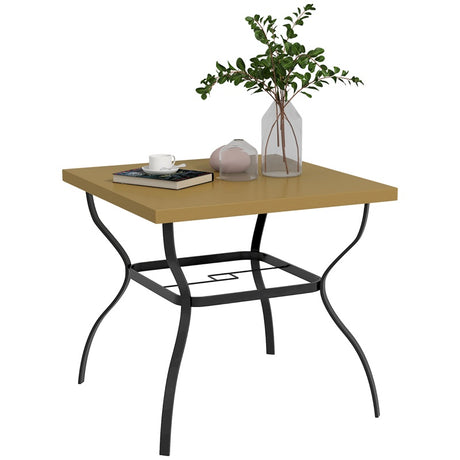 Outsunny Four-Seater Steel Garden Table, with Parasol Hole - Brown/Black