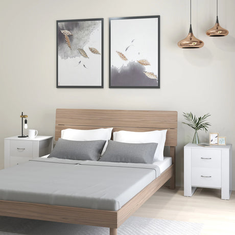 HOMCOM Bedside Table Set of 2 with 2 Drawers, Nightstands with Handles and Elevated Base, Side Tables for Bedroom, Living Room, White