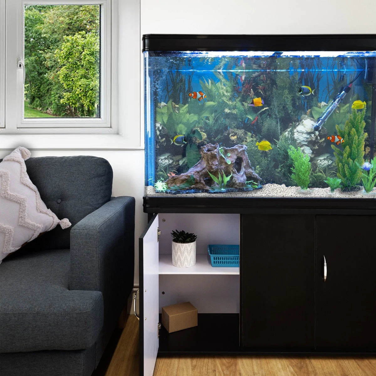 Aquarium Fish Tank & Cabinet with Complete Starter Kit - Black Tank & White Gravel