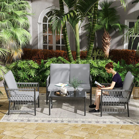 Outsunny 4 Piece Rattan Garden Furniture Set, 4 Seater Wicker Patio Conversation Set with 2 Armchairs, Loveseat, Glass Top Coffee Table and Cushions for Outdoor, Balcony, Grey