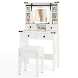 Makeup Vanity Desk and Stool Set with Mirror and Lights-White