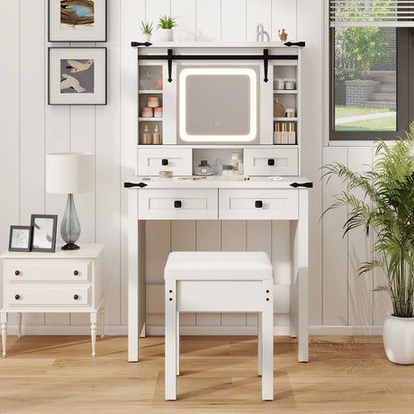Makeup Vanity Desk and Stool Set with Mirror and Lights-White