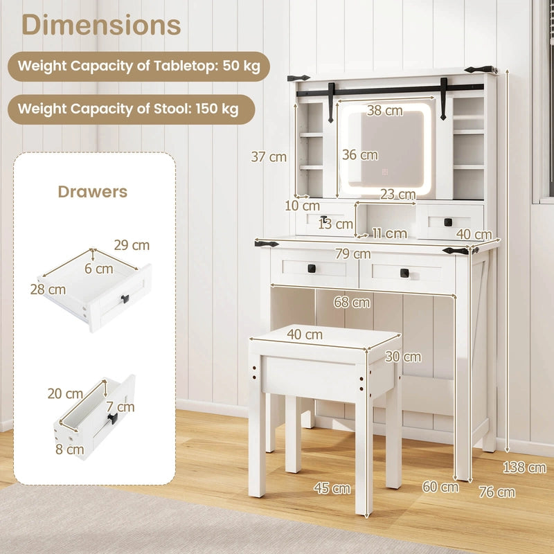 Makeup Vanity Desk and Stool Set with Mirror and Lights-White