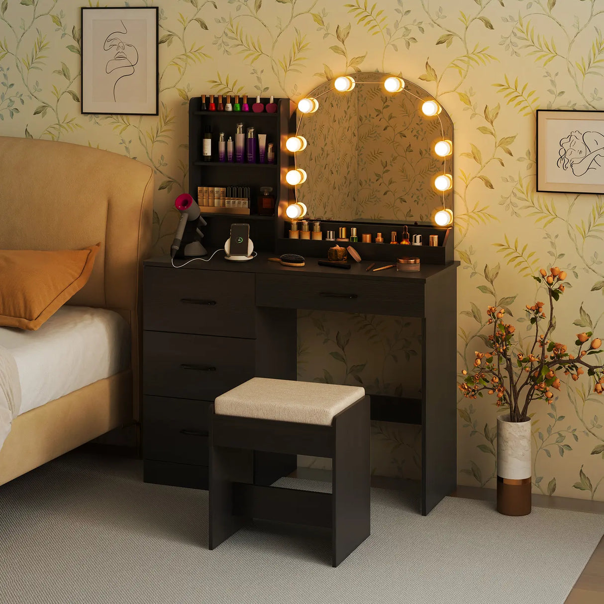 Makeup Vanity Desk with Mirror and Lights Dressing Table and Stool Set-Black