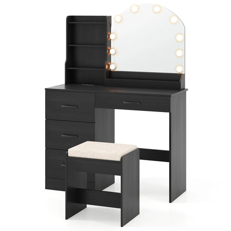 Makeup Vanity Desk with Mirror and Lights Dressing Table and Stool Set-Black
