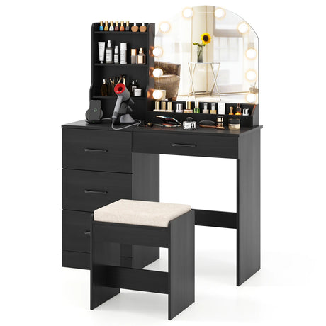 Makeup Vanity Desk with Mirror and Lights Dressing Table and Stool Set-Black