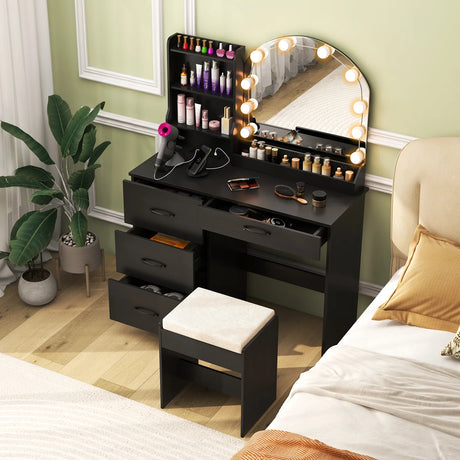 Makeup Vanity Desk with Mirror and Lights Dressing Table and Stool Set-Black