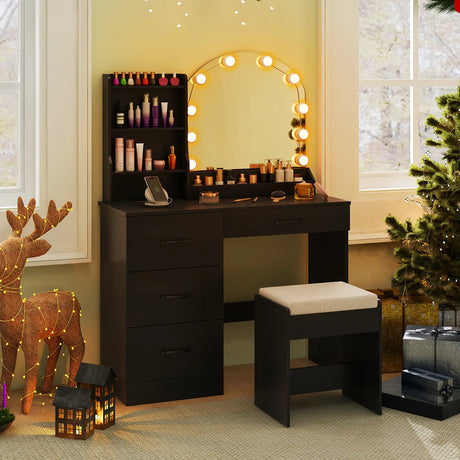Makeup Vanity Desk with Mirror and Lights Dressing Table and Stool Set-Black