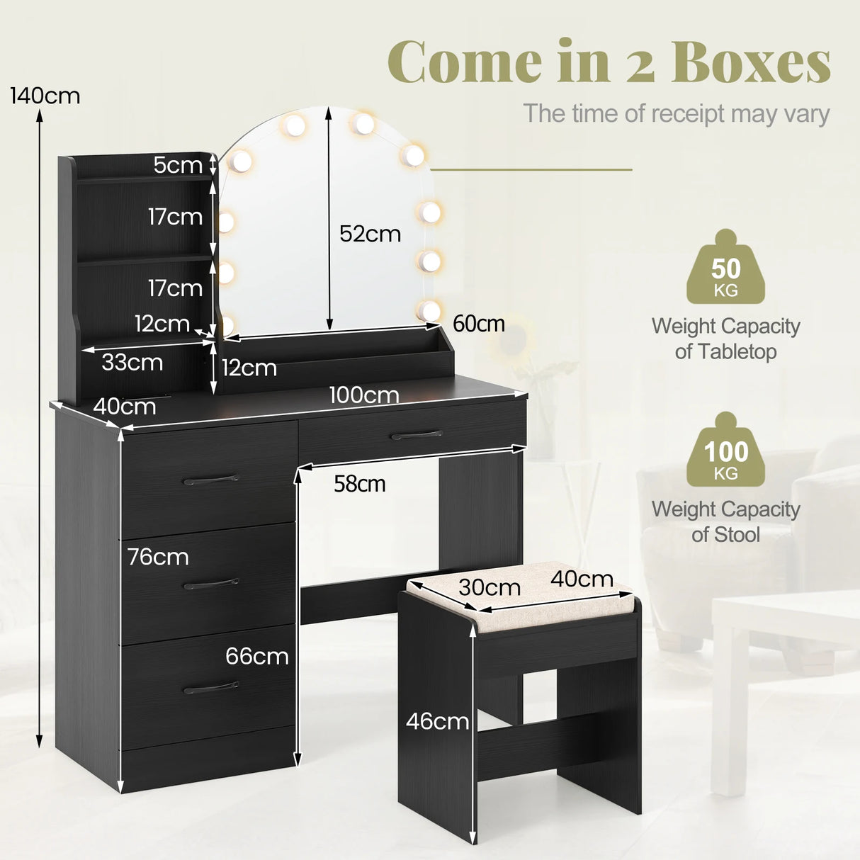 Makeup Vanity Desk with Mirror and Lights Dressing Table and Stool Set-Black