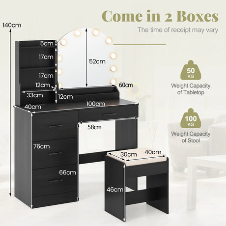 Makeup Vanity Desk with Mirror and Lights Dressing Table and Stool Set-Black