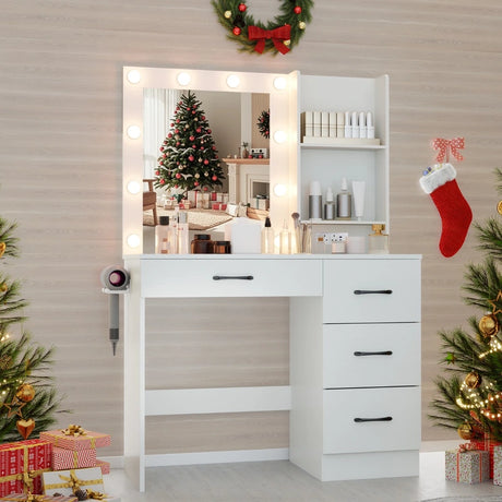Makeup Vanity Desk Dressing Table with Mirror Lights and Charging Station-White