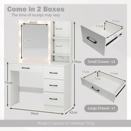 Makeup Vanity Desk Dressing Table with Mirror Lights and Charging Station-White