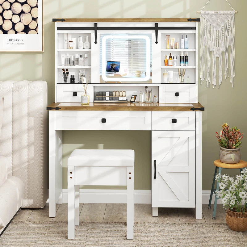 Makeup Vanity Desk and Stool Set with Sliding Mirror and Cabinet-White