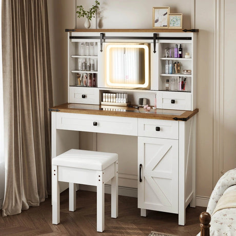 Makeup Vanity Desk and Stool Set with Sliding Mirror and Cabinet-White