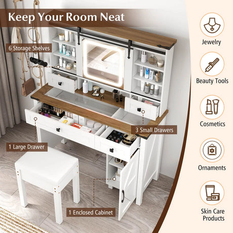 Makeup Vanity Desk and Stool Set with Sliding Mirror and Cabinet-White