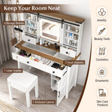 Makeup Vanity Desk and Stool Set with Sliding Mirror and Cabinet-White