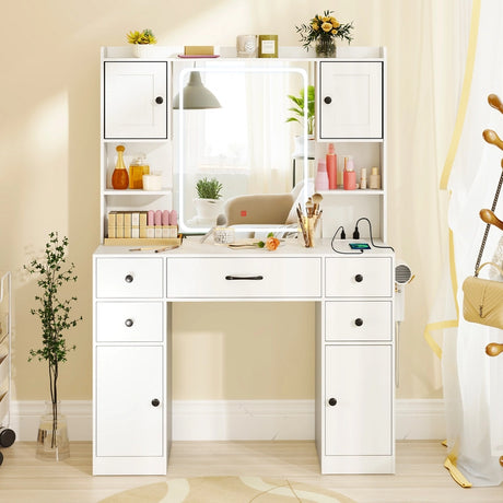 Makeup Vanity Desk with Lighted Mirror and Charging Station-White