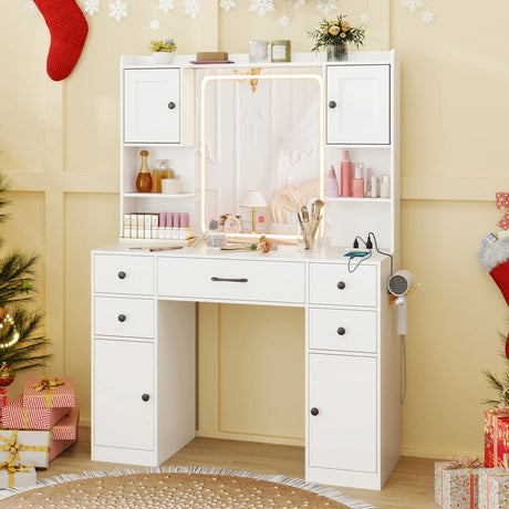 Makeup Vanity Desk with Lighted Mirror and Charging Station-White